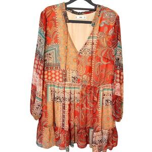 Mango Boho Patchwork Peasant Mini Dress | Size M | Festival Style | Like New